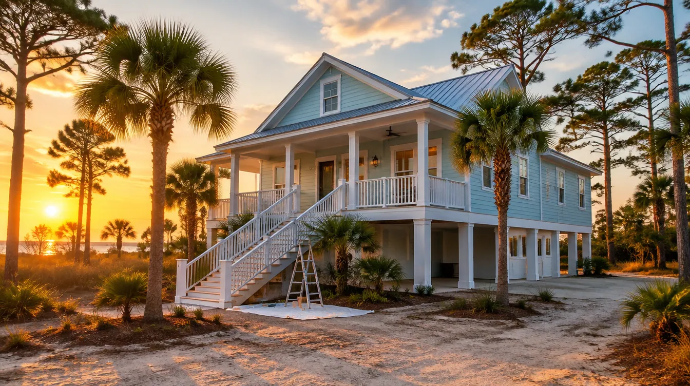 Freshly painted raised coastal home among palms and pines in Port St. Joe, FL