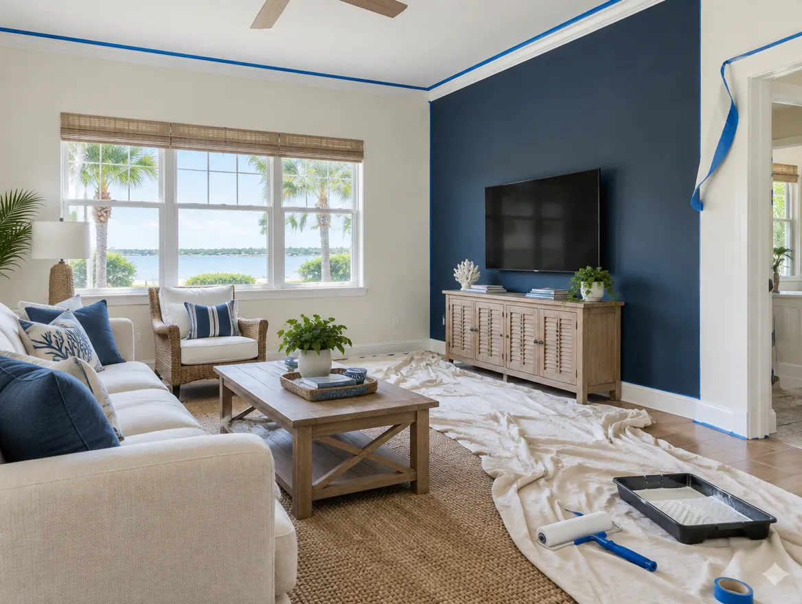 Freshly painted coastal living room with a navy accent wall in Port St. Joe, FL
