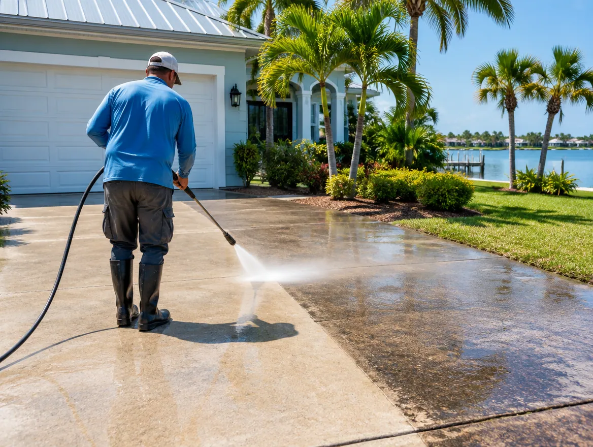 Pressure washing a concrete driveway at a home in Gulf County, FL